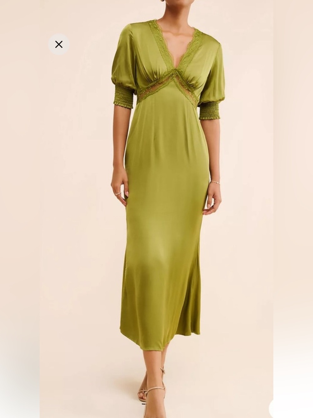 Never Fully Dressed Olive Green Satin V-Neck Midi Dress